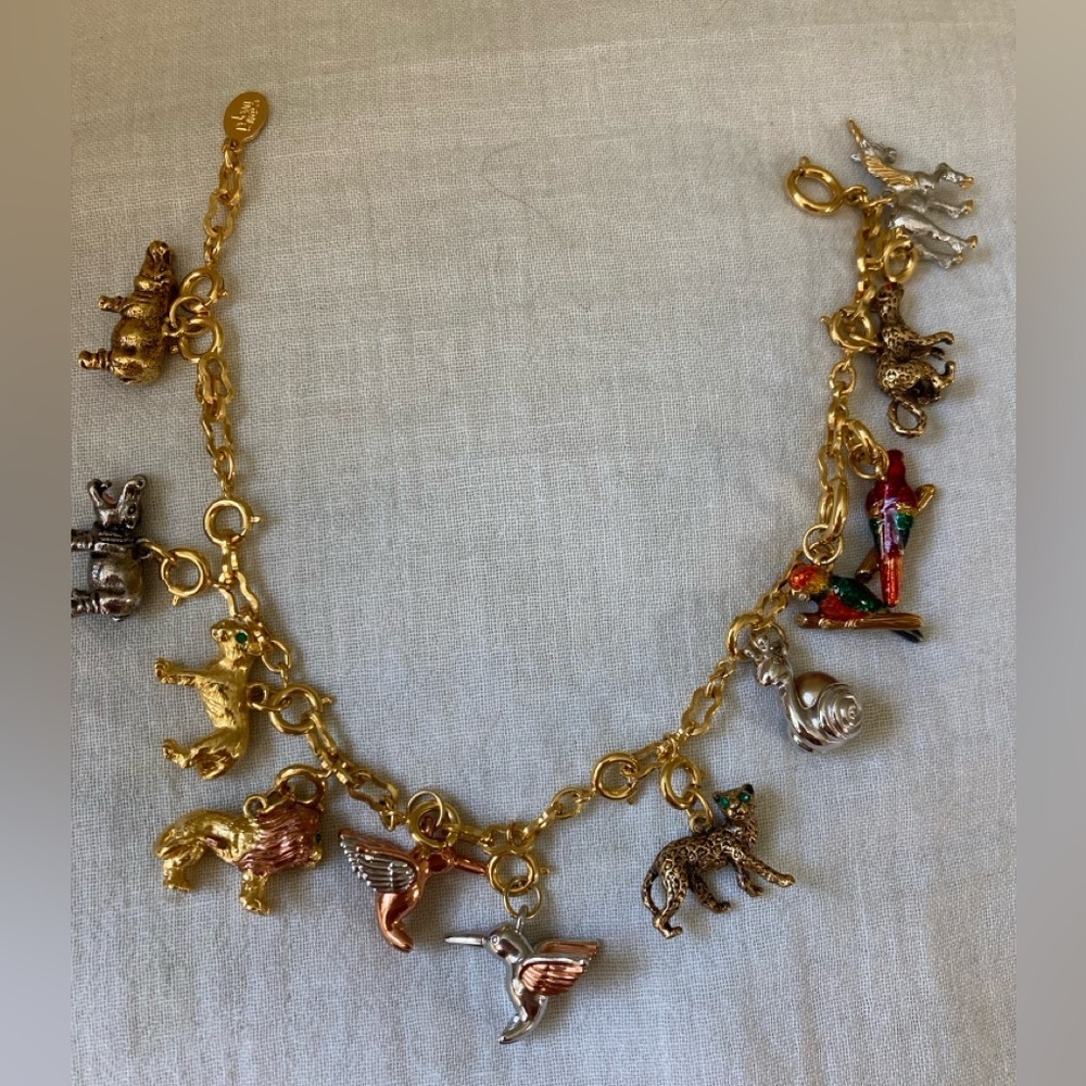 Joan Rivers Vintage Enameled Charm Bracelet Unicorn Hippo Birds Tiger Snail